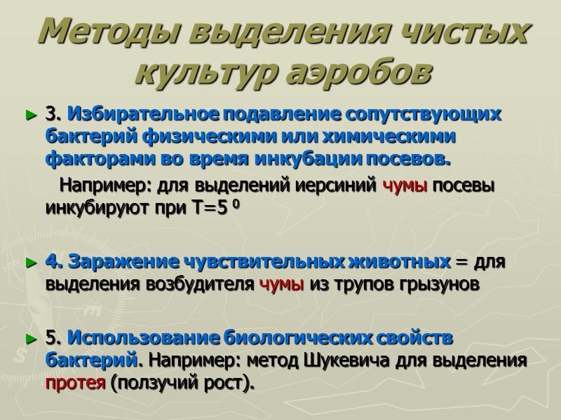 Методы выделения чистых культур аэробов 3. Избирательное подавление сопутствующих бактерий физическими или химическими факторами